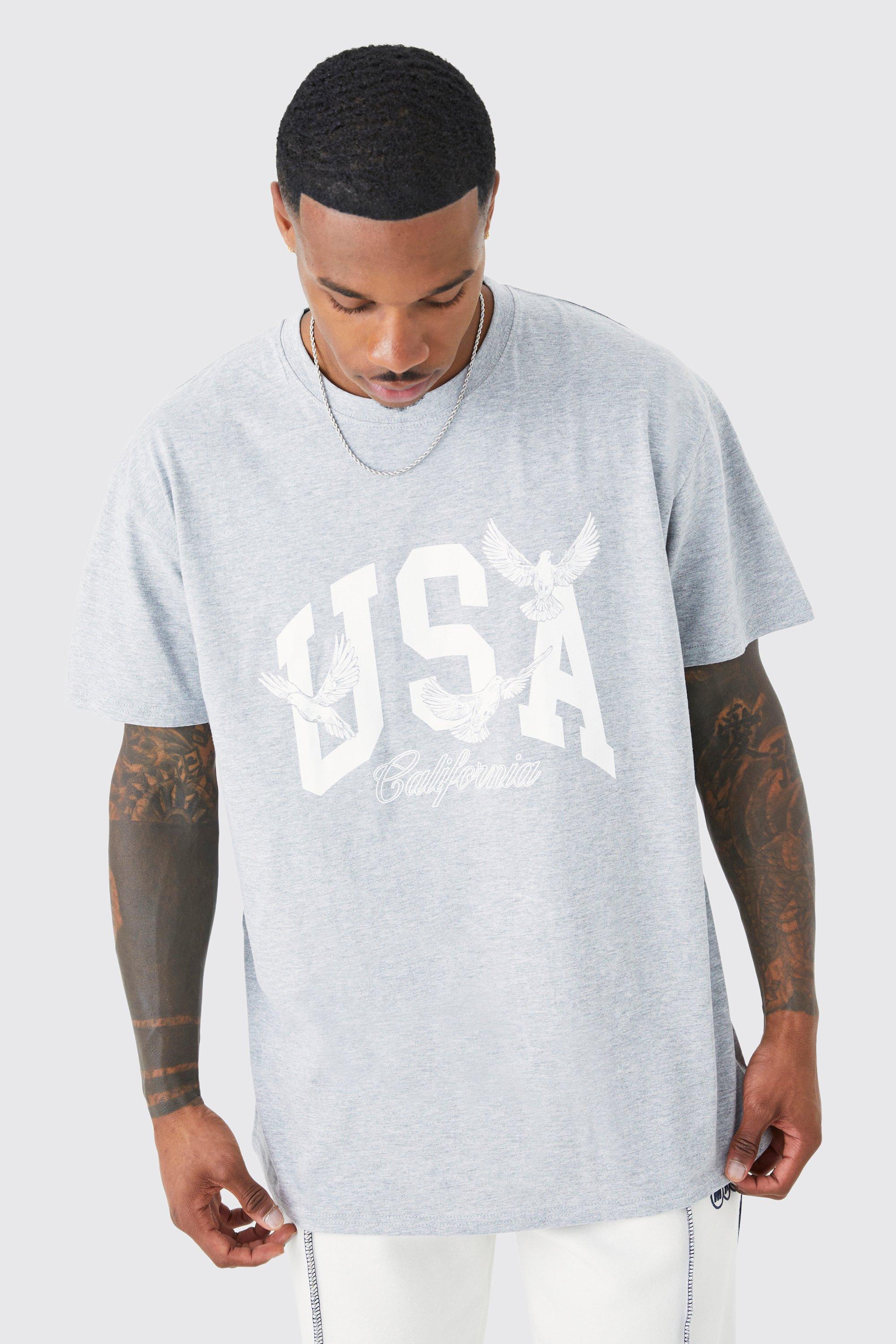 Mens Grey Oversized Usa Graphic T-shirt, Grey